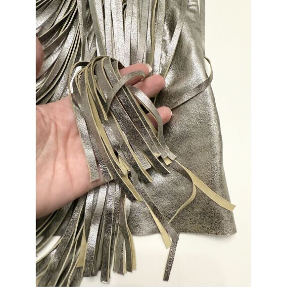 Nour Hammour Retrograde Gold Taupe Metallic Leather Fringe Top Size 38 4 6 - Picture 5 of 7